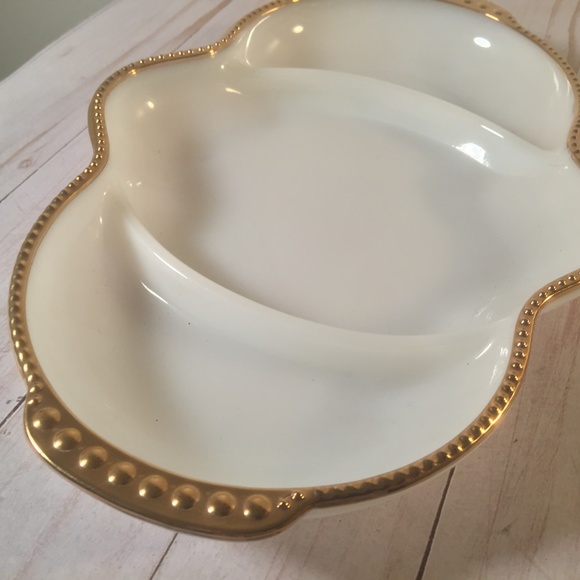 Fire King Dining Vtg Fire King Milk Glass Gold Trim Divided Dish